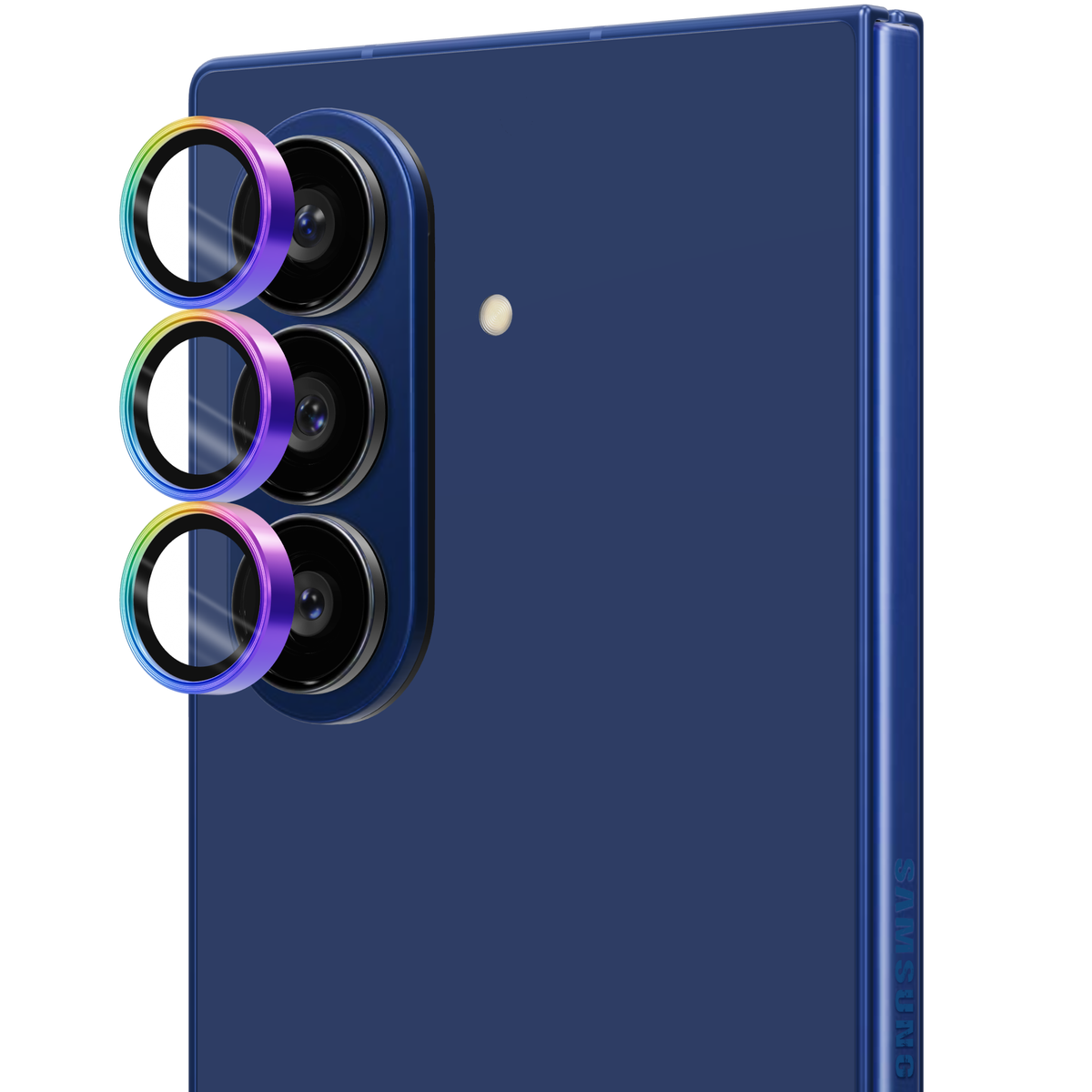 Colorful rainbow iridescent aviation aluminium tempered glass camera lens protector rings for Galaxy Z Fold 7, shown floating straight out from the Galaxy Z Fold7 camera lenses