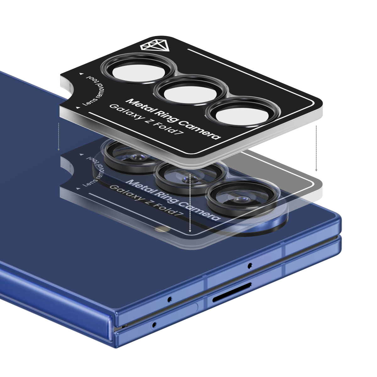 Black aviation aluminium camera lens protector for Galaxy Z Fold 7 in its install frame, floating above a Blue Shadow Galaxy Z Fold7 camera so each ring lines up with its lens