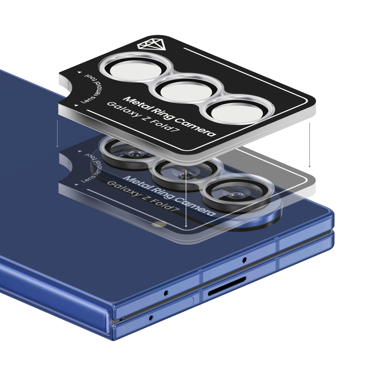 Silver aviation aluminium camera lens protector for Galaxy Z Fold 7 in its install frame, floating above a Blue Shadow Galaxy Z Fold7 camera so each ring lines up with its lens