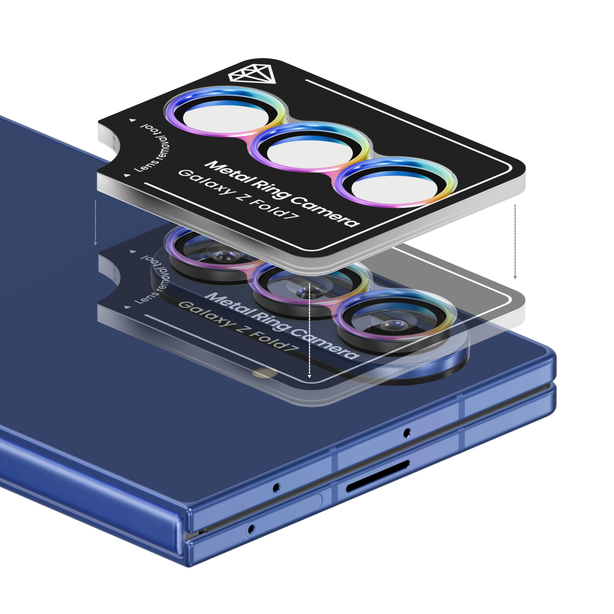 Colorful rainbow iridescent aviation aluminium camera lens protector for Galaxy Z Fold 7 in its install frame, floating above a Blue Shadow Galaxy Z Fold7 camera so each ring lines up with its lens