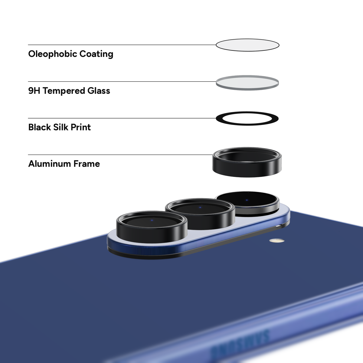 Black aluminium camera lens protector for Galaxy Z Fold 7 shown layer by layer above the camera: oleophobic coating, 9H tempered glass, black silk print and aluminium frame