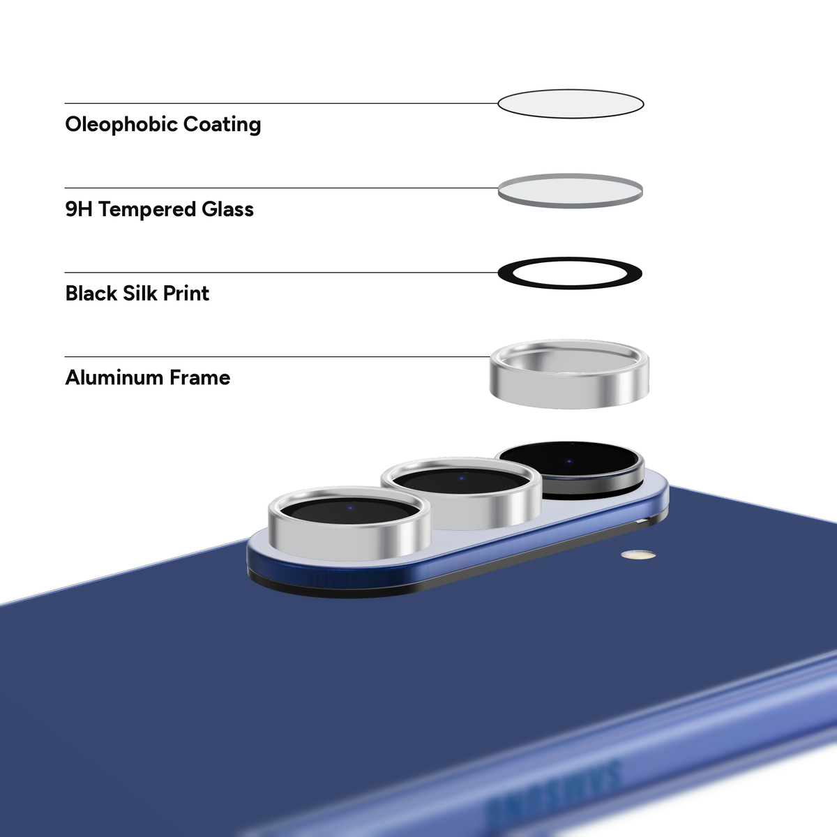 Silver aluminium camera lens protector for Galaxy Z Fold 7 shown layer by layer above the camera: oleophobic coating, 9H tempered glass, black silk print and aluminium frame