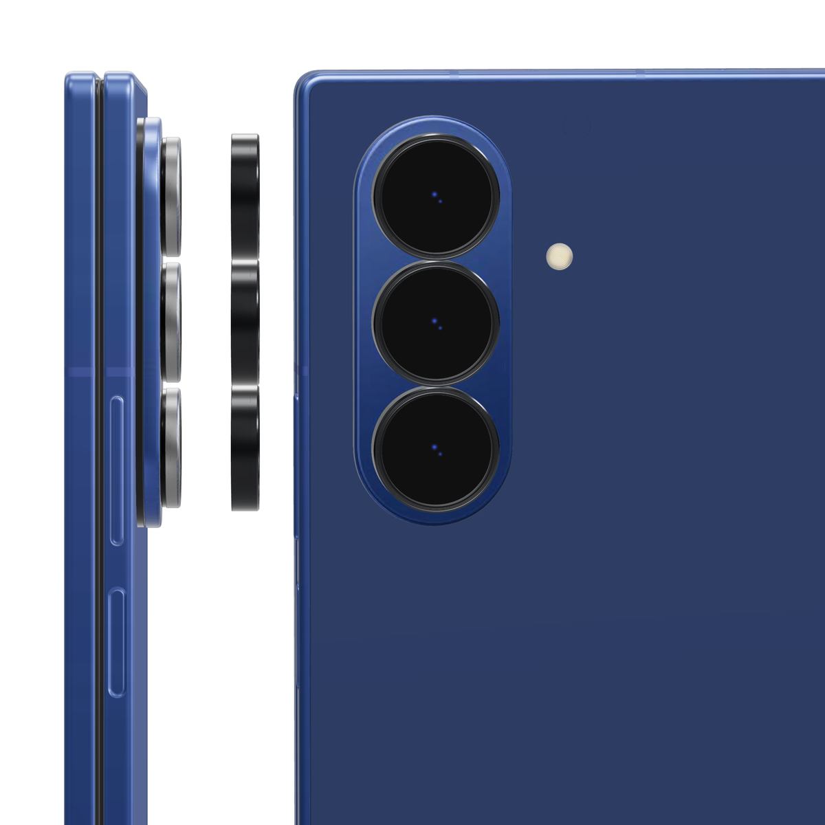 Black individual camera lens covers for Galaxy Z Fold 7: side view of the rings lifting off each lens and back view with a cover fitted over every camera lens
