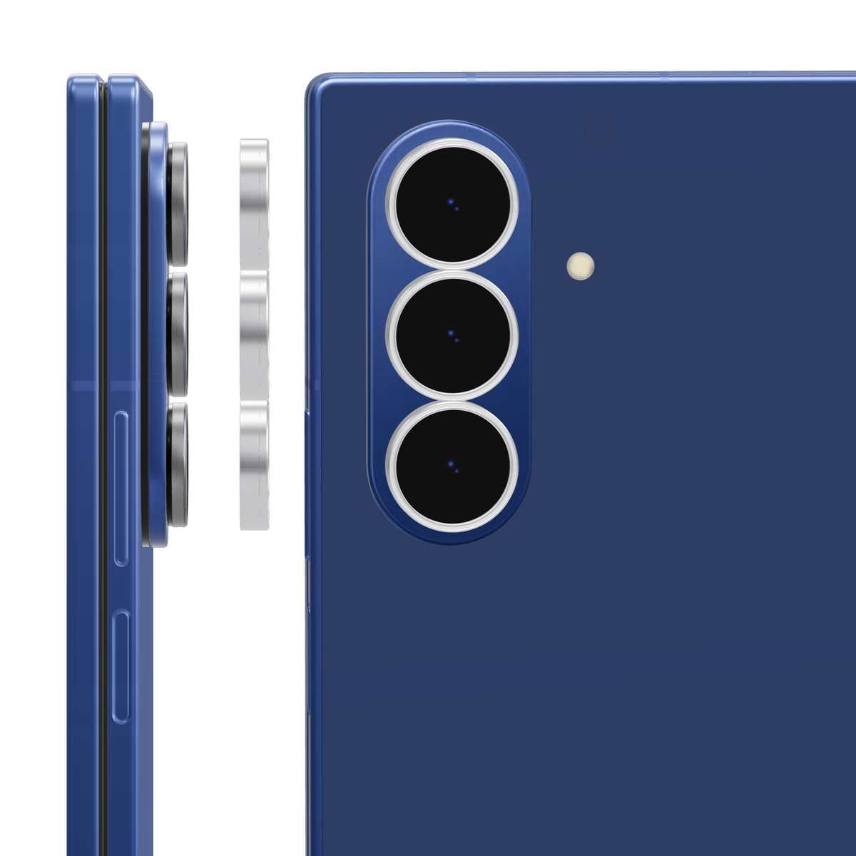 Silver individual camera lens covers for Galaxy Z Fold 7: side view of the rings lifting off each lens and back view with a cover fitted over every camera lens