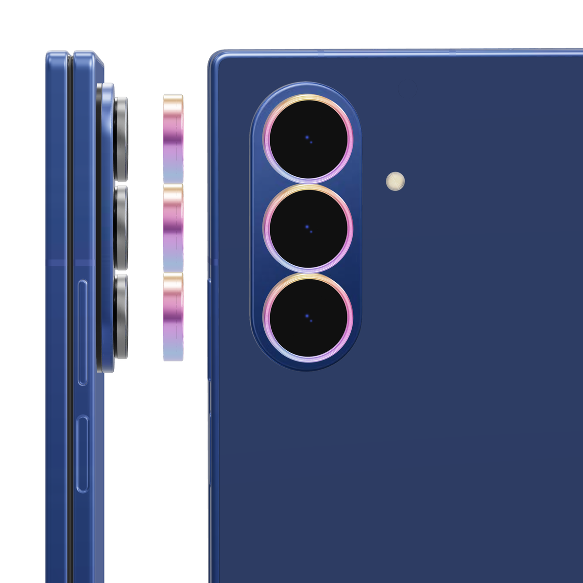 Colourful individual camera lens covers for Galaxy Z Fold 7: side view of the rings lifting off each lens and back view with a cover fitted over every camera lens