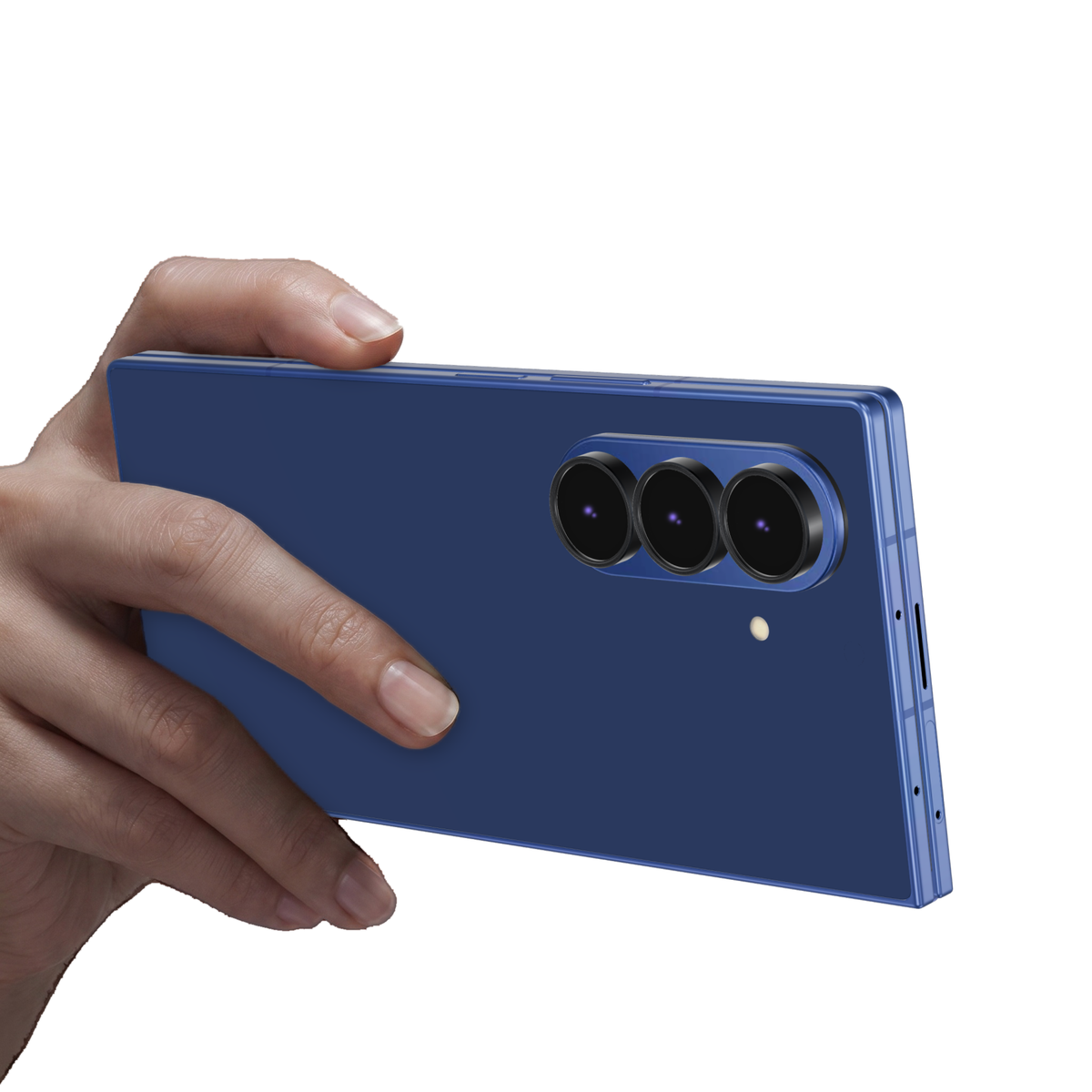 Black aluminium camera lens protector rings fitted on every Galaxy Z Fold 7 camera lens, with the phone held in hand