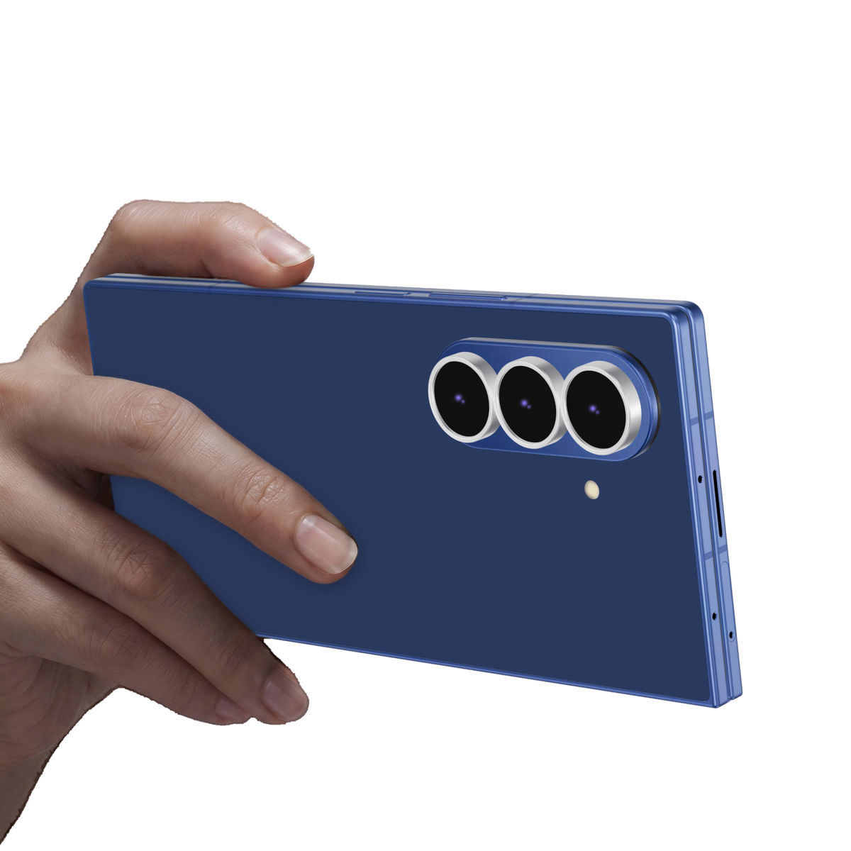 Silver aluminium camera lens protector rings fitted on every Galaxy Z Fold 7 camera lens, with the phone held in hand