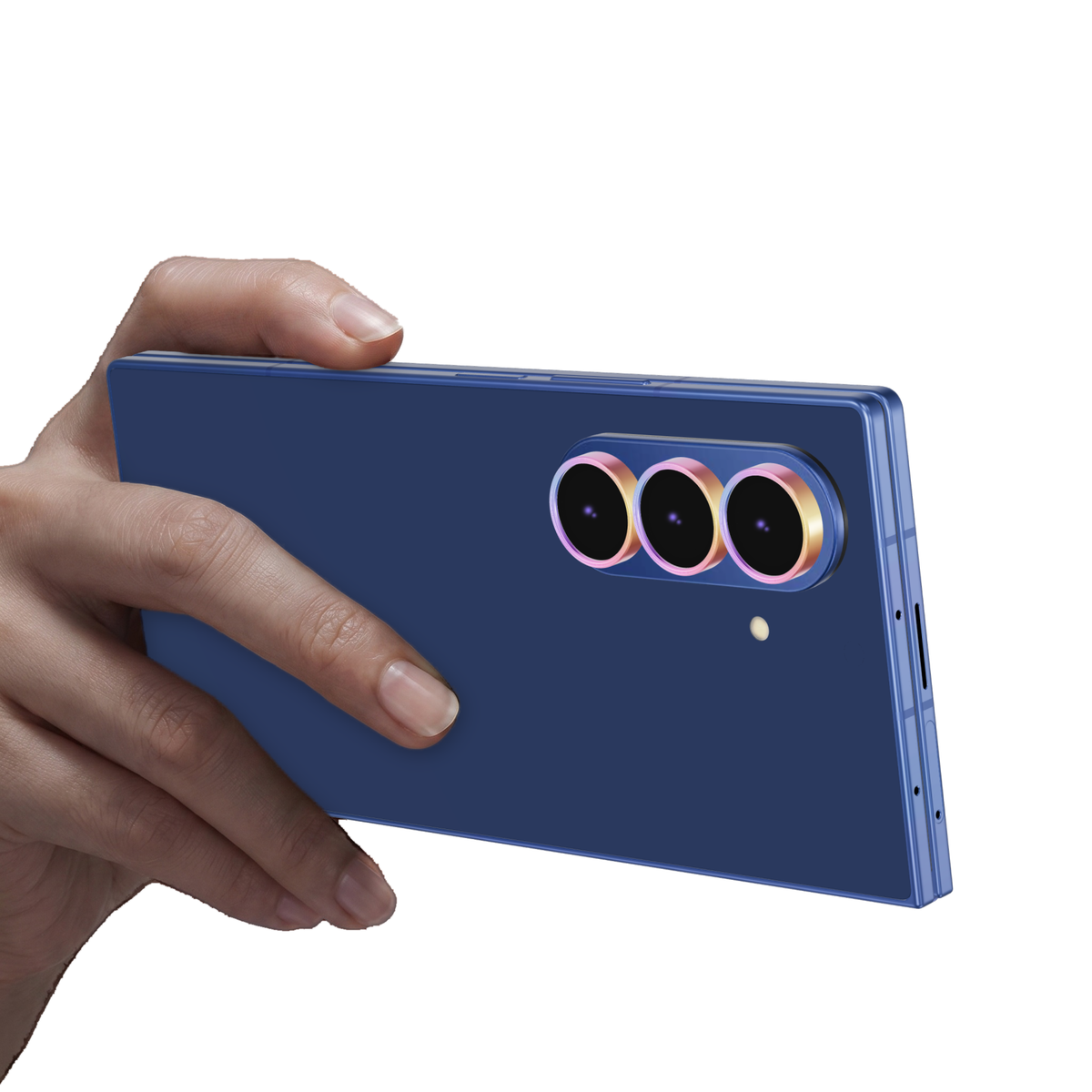 Colourful aluminium camera lens protector rings fitted on every Galaxy Z Fold 7 camera lens, with the phone held in hand