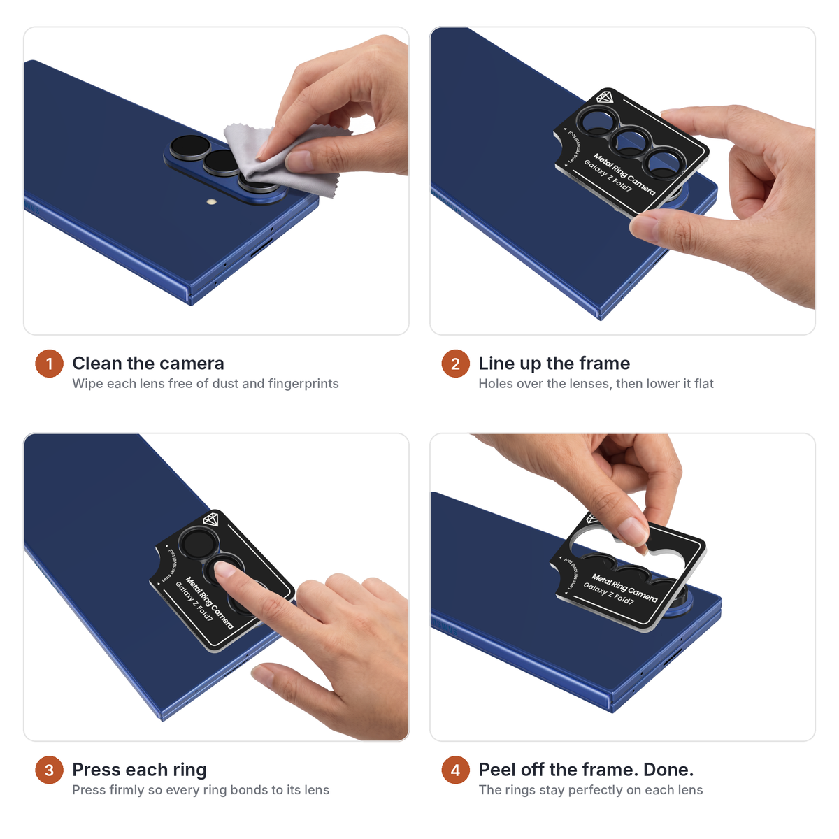 How to install the Lens Guard camera lens protector on Galaxy Z Fold 7 in 4 steps - clean the camera, line up the install frame over the lenses, press each ring into place, then peel off the frame and the rings stay on each lens of a Galaxy Z Fold7 in Blue Shadow