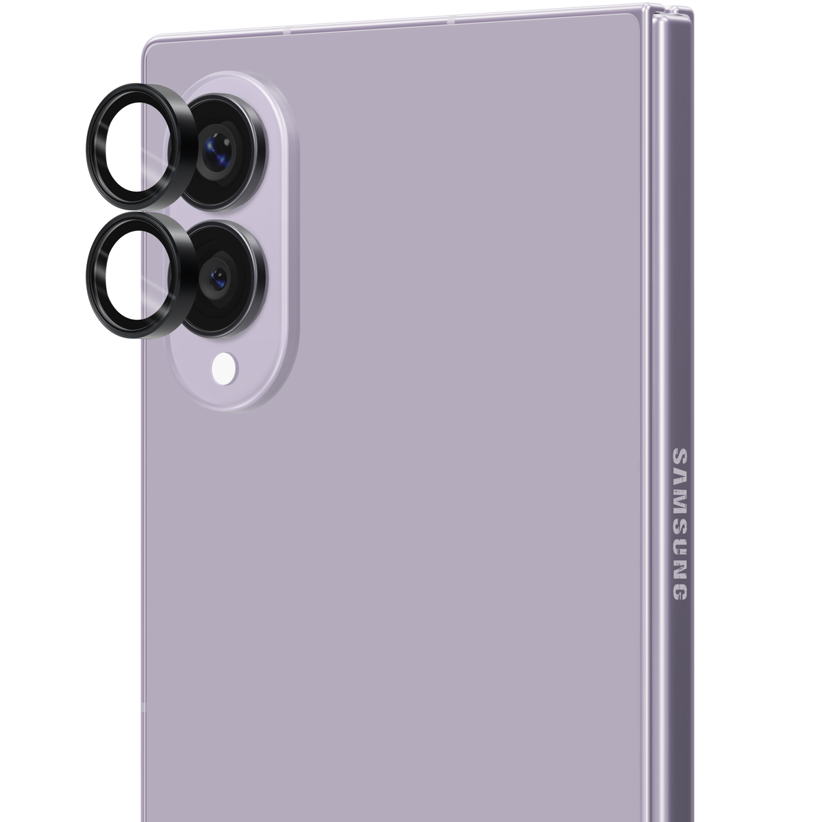 Black aviation aluminium tempered glass camera lens protector rings for Galaxy Z Fold 8, shown floating straight out from the Galaxy Z Fold8 camera lenses