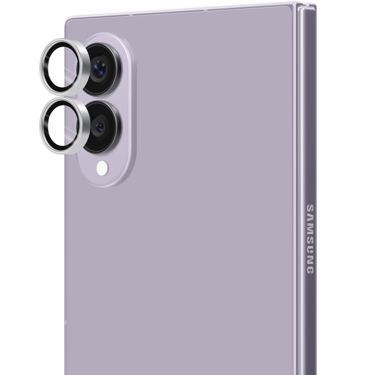 Silver aviation aluminium tempered glass camera lens protector rings for Galaxy Z Fold 8, shown floating straight out from the Galaxy Z Fold8 camera lenses