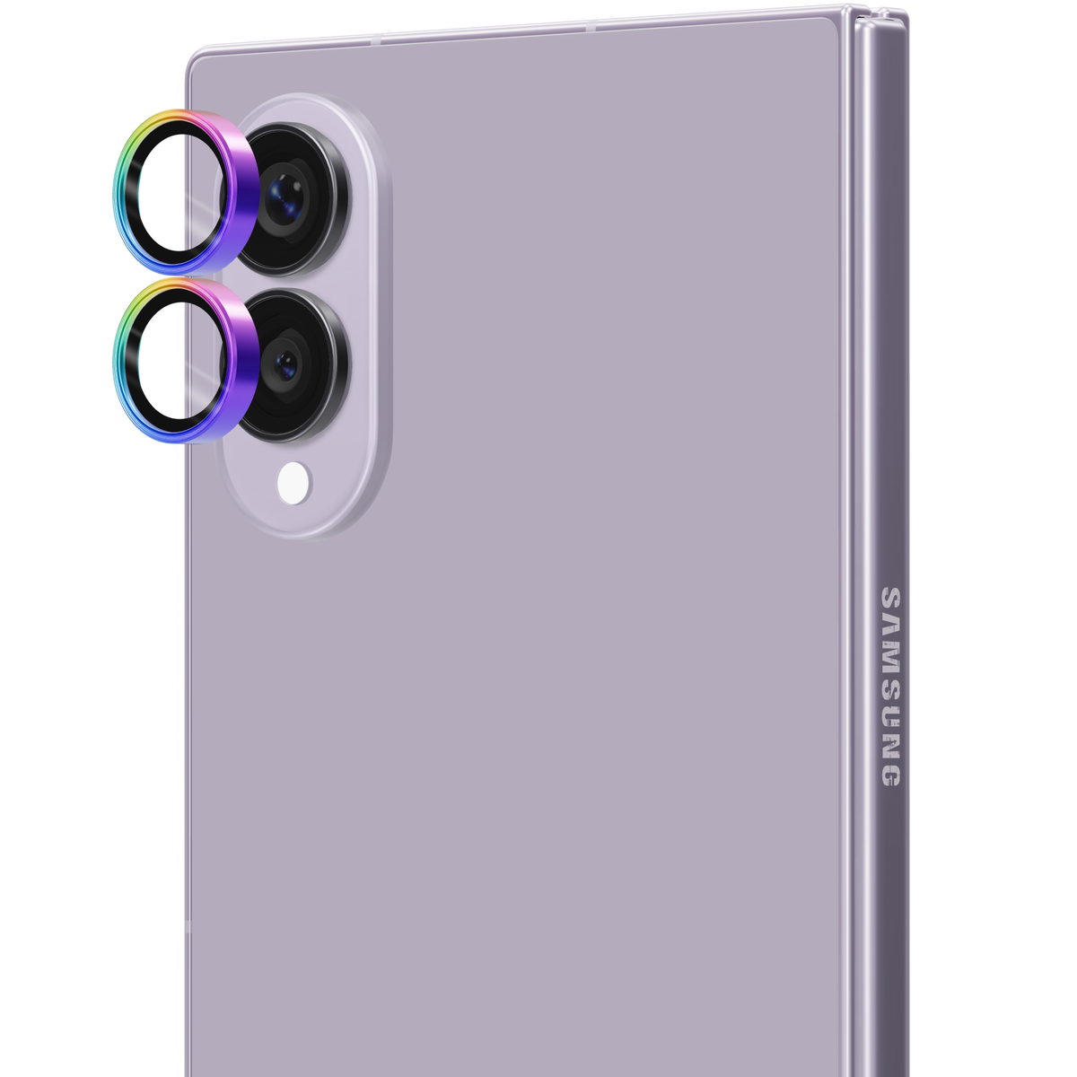 Colorful rainbow iridescent aviation aluminium tempered glass camera lens protector rings for Galaxy Z Fold 8, shown floating straight out from the Galaxy Z Fold8 camera lenses