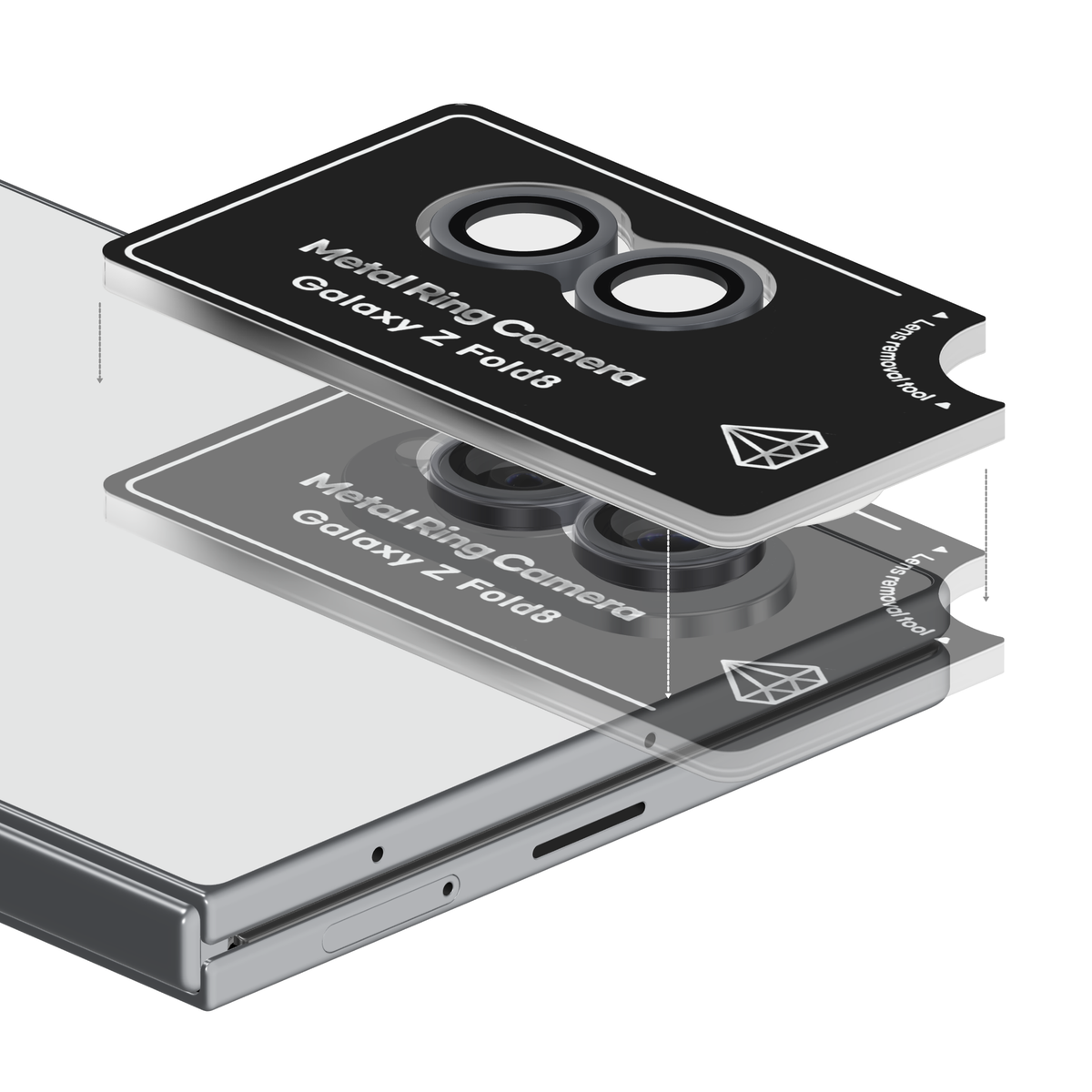 Black aviation aluminium camera lens protector for Galaxy Z Fold 8 in its install frame, floating above the Galaxy Z Fold8 camera so each ring lines up with its lens