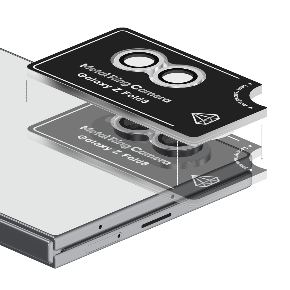 Silver aviation aluminium camera lens protector for Galaxy Z Fold 8 in its install frame, floating above the Galaxy Z Fold8 camera so each ring lines up with its lens