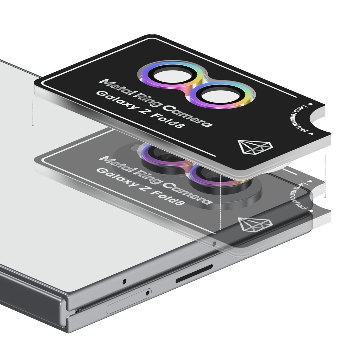 Colorful rainbow iridescent aviation aluminium camera lens protector for Galaxy Z Fold 8 in its install frame, floating above the Galaxy Z Fold8 camera so each ring lines up with its lens