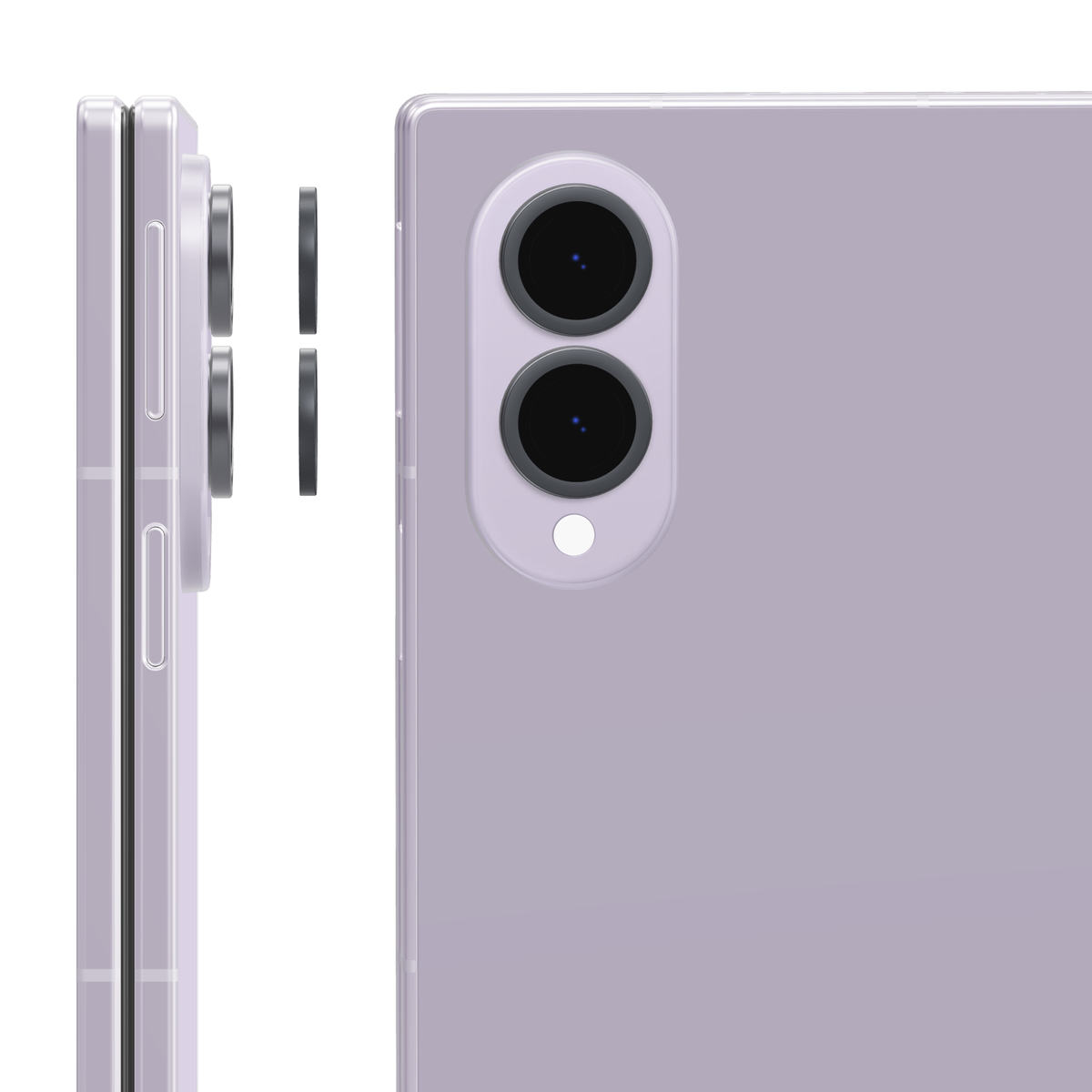 Black individual camera lens covers for Galaxy Z Fold 8: side view of the rings lifting off each lens and back view with a cover fitted over every camera lens