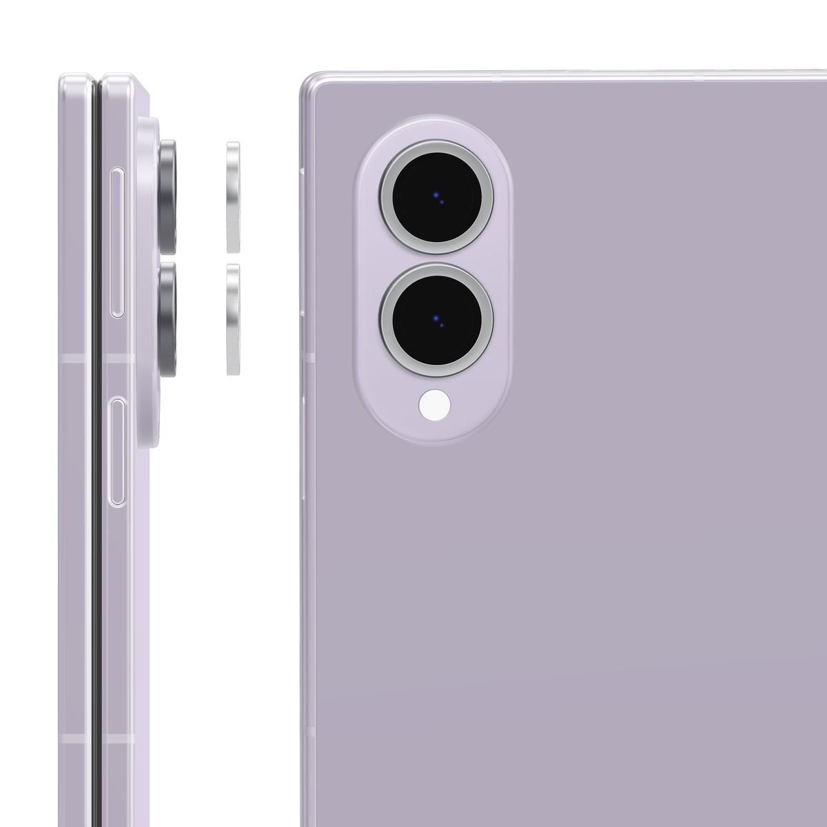 Silver individual camera lens covers for Galaxy Z Fold 8: side view of the rings lifting off each lens and back view with a cover fitted over every camera lens