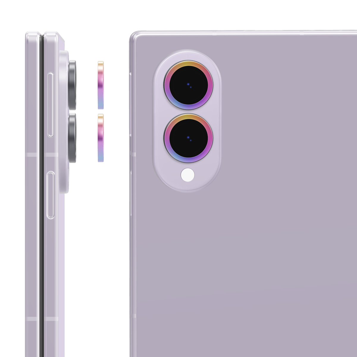 Colourful individual camera lens covers for Galaxy Z Fold 8: side view of the rings lifting off each lens and back view with a cover fitted over every camera lens