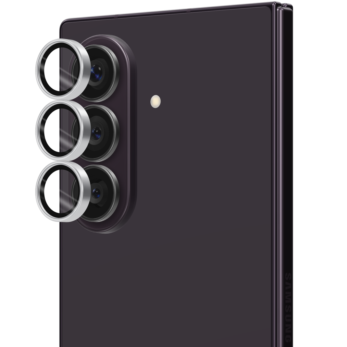 Silver aviation aluminium tempered glass camera lens protector rings for Galaxy Z Fold 8 Ultra, shown floating straight out from the Galaxy Z Fold8 Ultra camera lenses