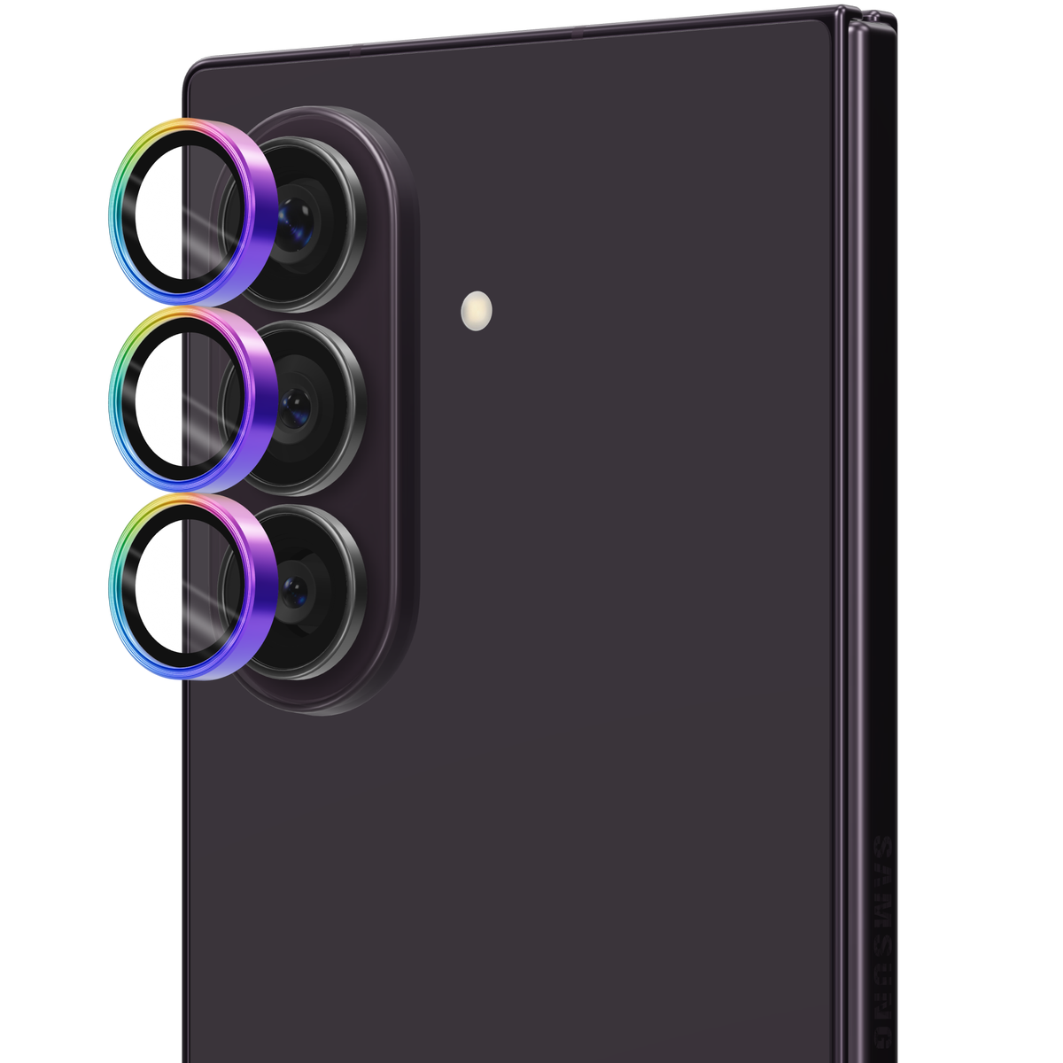 Colorful rainbow iridescent aviation aluminium tempered glass camera lens protector rings for Galaxy Z Fold 8 Ultra, shown floating straight out from the Galaxy Z Fold8 Ultra camera lenses