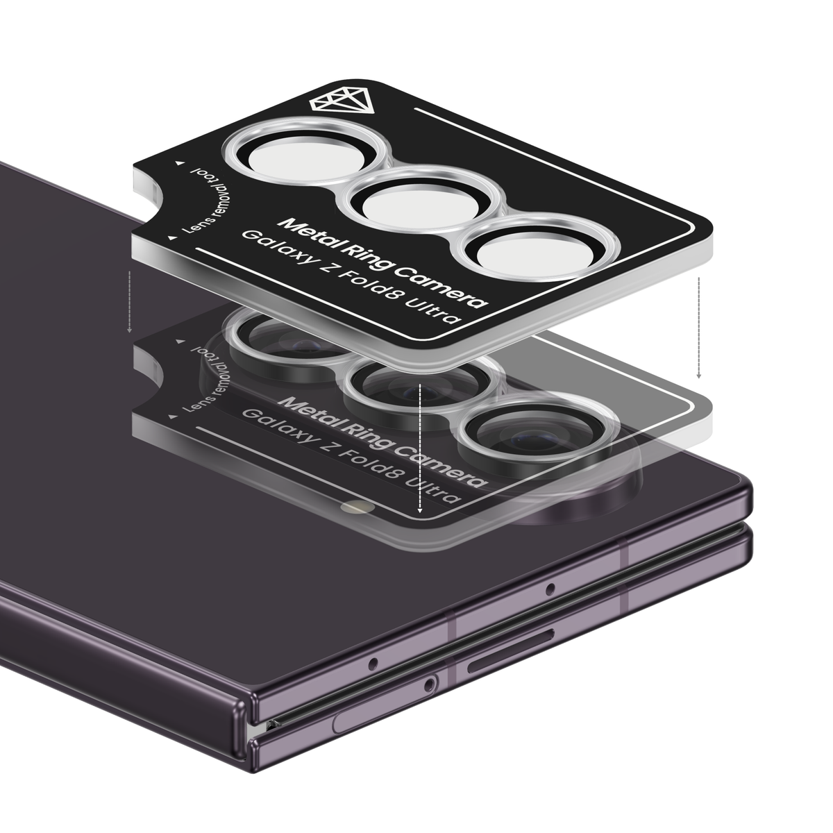 Silver aviation aluminium camera lens protector for Galaxy Z Fold 8 Ultra in its install frame, floating above a Violet Shadow Galaxy Z Fold8 Ultra camera so each ring lines up with its lens