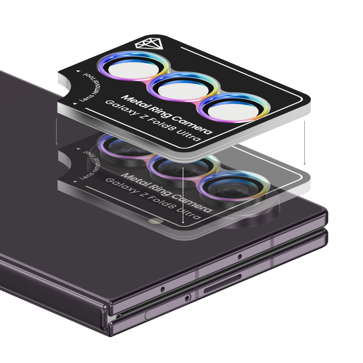 Colorful rainbow iridescent aviation aluminium camera lens protector for Galaxy Z Fold 8 Ultra in its install frame, floating above a Violet Shadow Galaxy Z Fold8 Ultra camera so each ring lines up with its lens