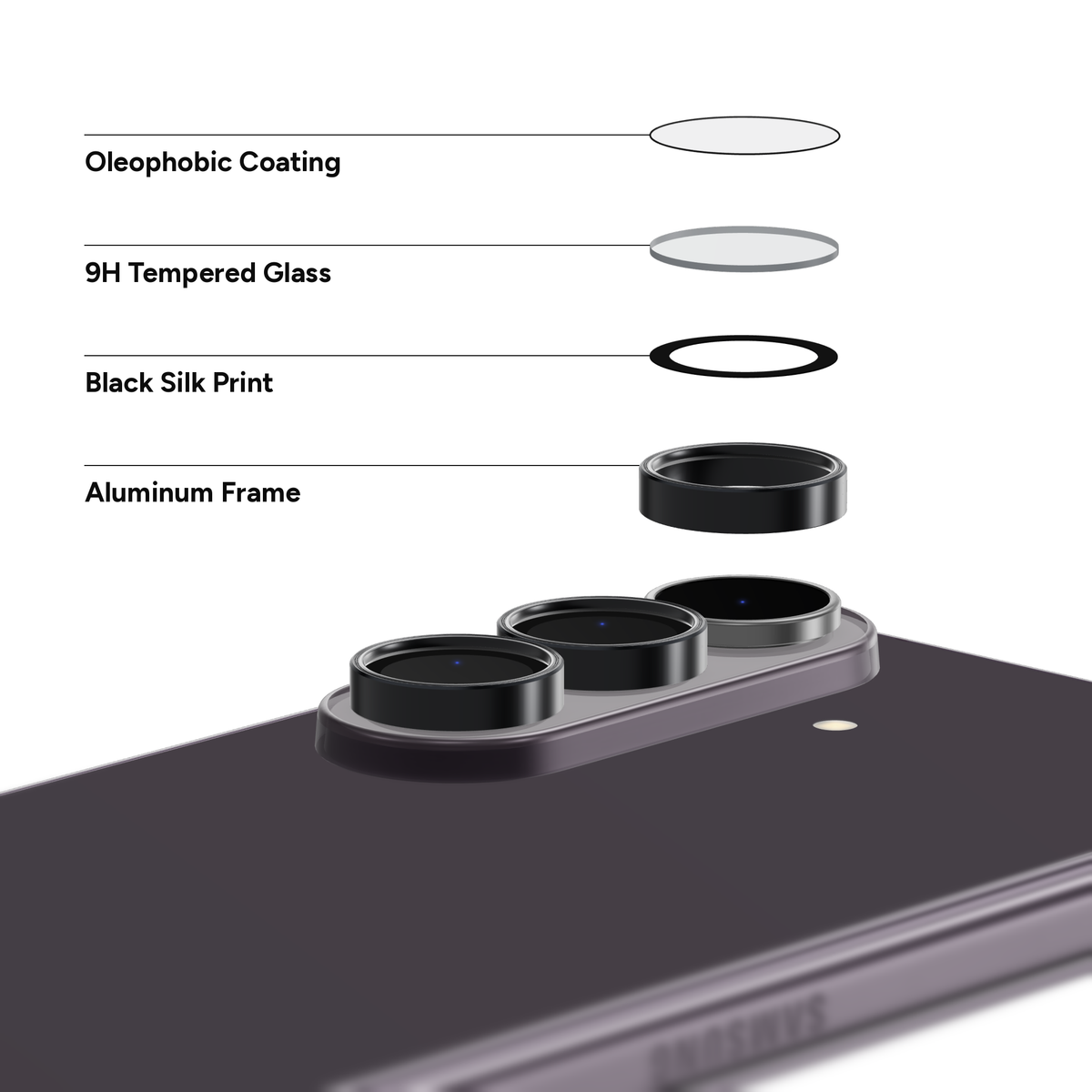 Black aluminium camera lens protector for Galaxy Z Fold 8 Ultra shown layer by layer above the camera: oleophobic coating, 9H tempered glass, black silk print and aluminium frame