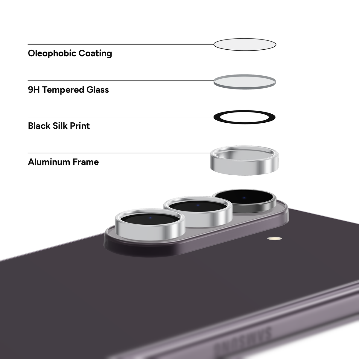 Silver aluminium camera lens protector for Galaxy Z Fold 8 Ultra shown layer by layer above the camera: oleophobic coating, 9H tempered glass, black silk print and aluminium frame