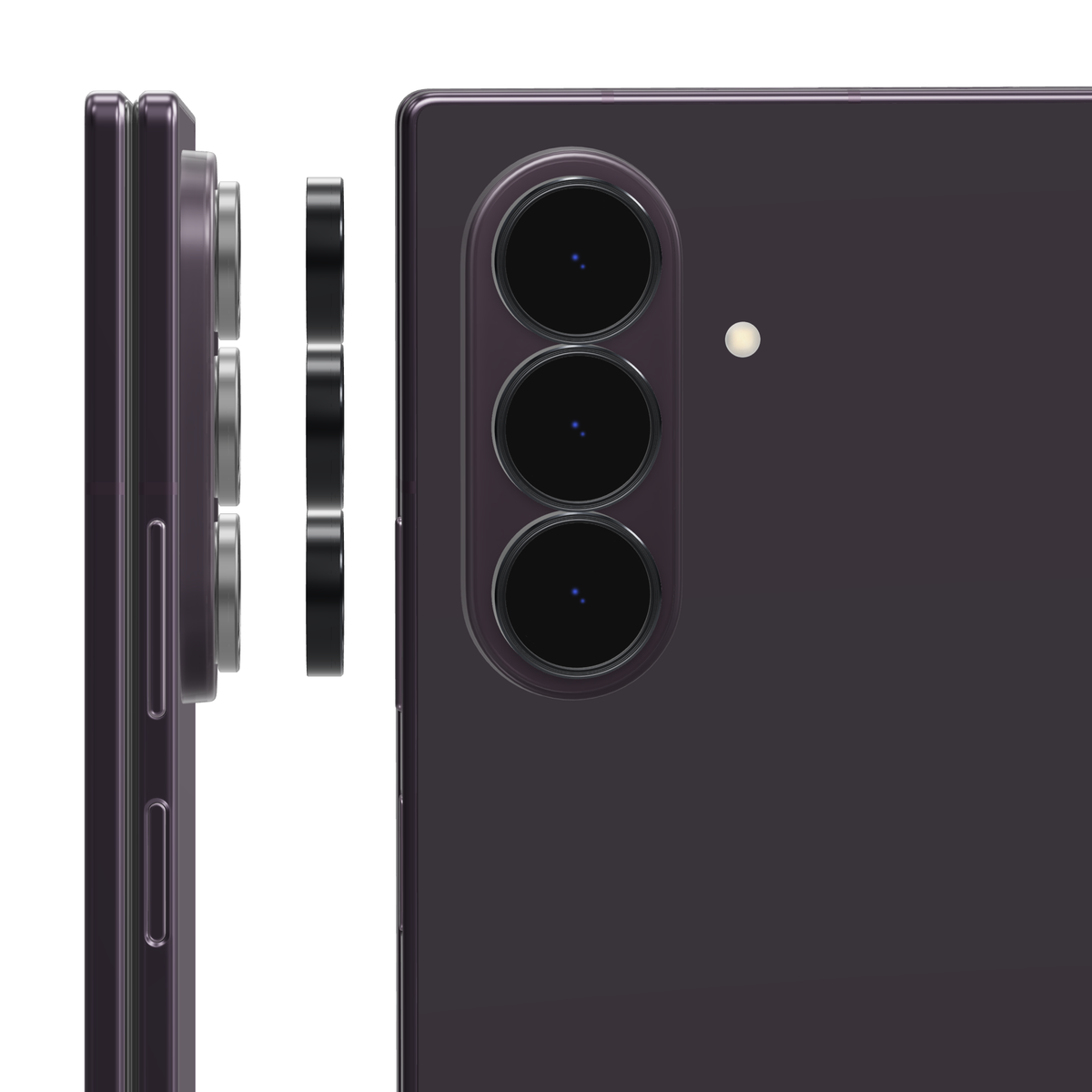 Black individual camera lens covers for Galaxy Z Fold 8 Ultra: side view of the rings lifting off each lens and back view with a cover fitted over every camera lens