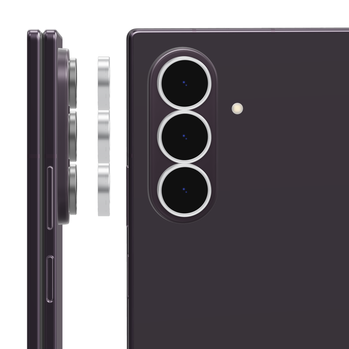 Silver individual camera lens covers for Galaxy Z Fold 8 Ultra: side view of the rings lifting off each lens and back view with a cover fitted over every camera lens