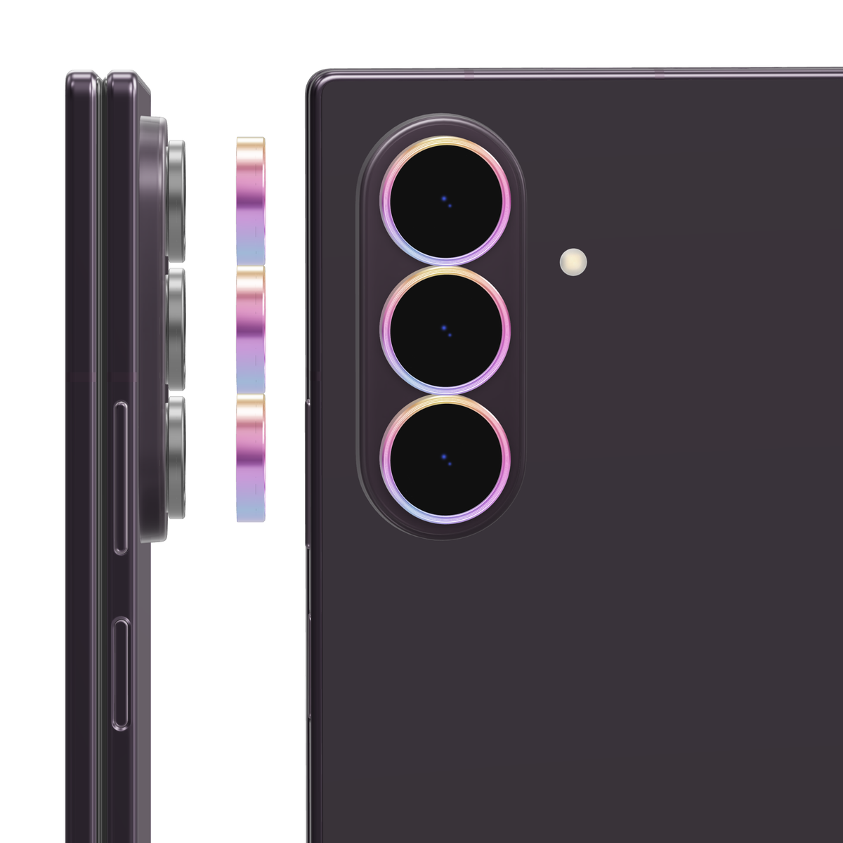 Colourful individual camera lens covers for Galaxy Z Fold 8 Ultra: side view of the rings lifting off each lens and back view with a cover fitted over every camera lens