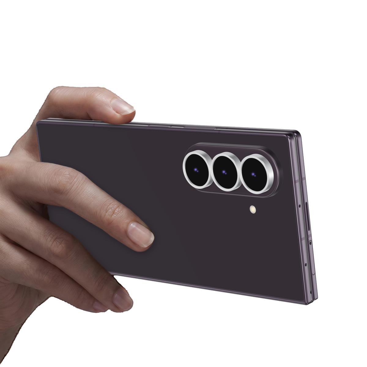 Silver aluminium camera lens protector rings fitted on every Galaxy Z Fold 8 Ultra camera lens, with the phone held in hand