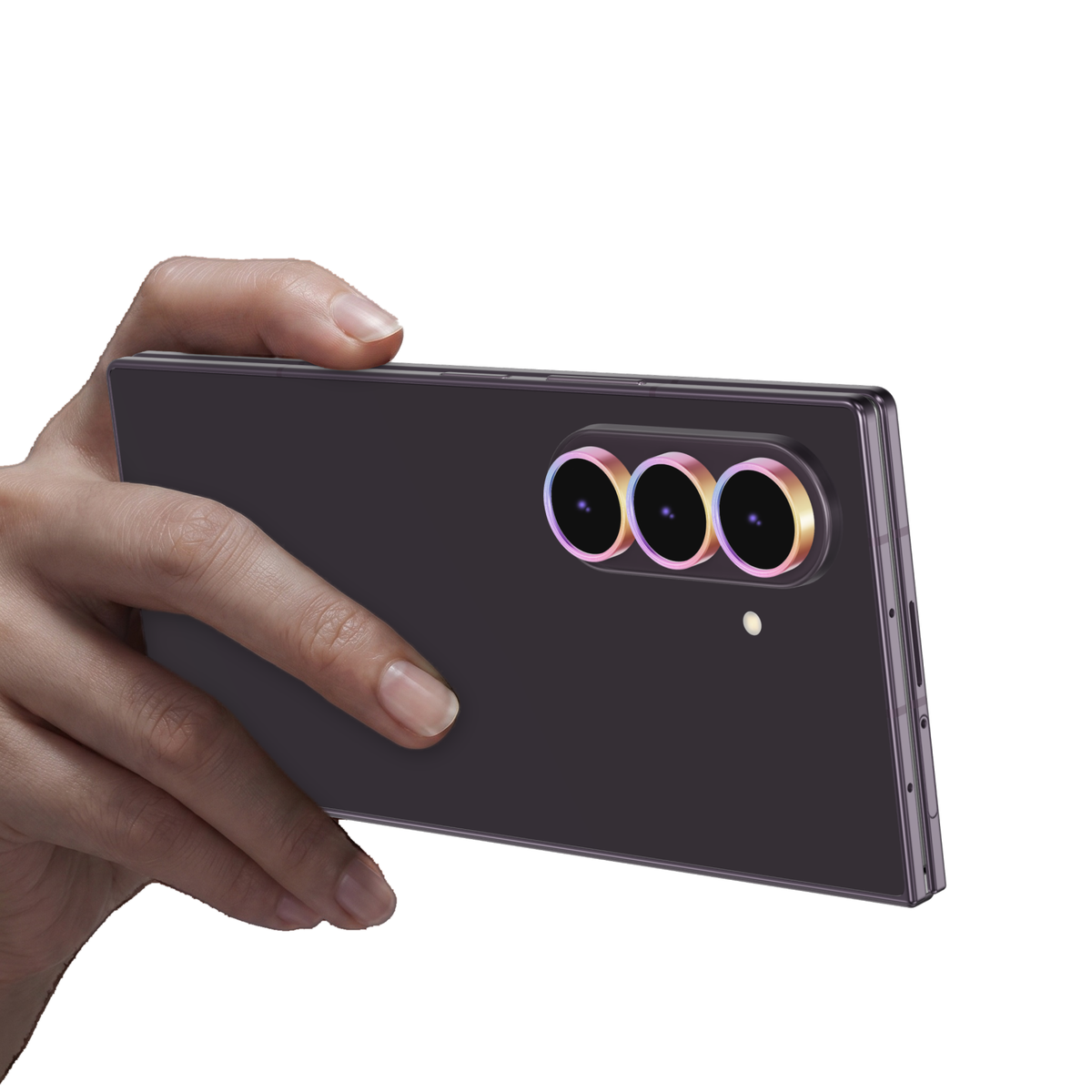 Colourful aluminium camera lens protector rings fitted on every Galaxy Z Fold 8 Ultra camera lens, with the phone held in hand