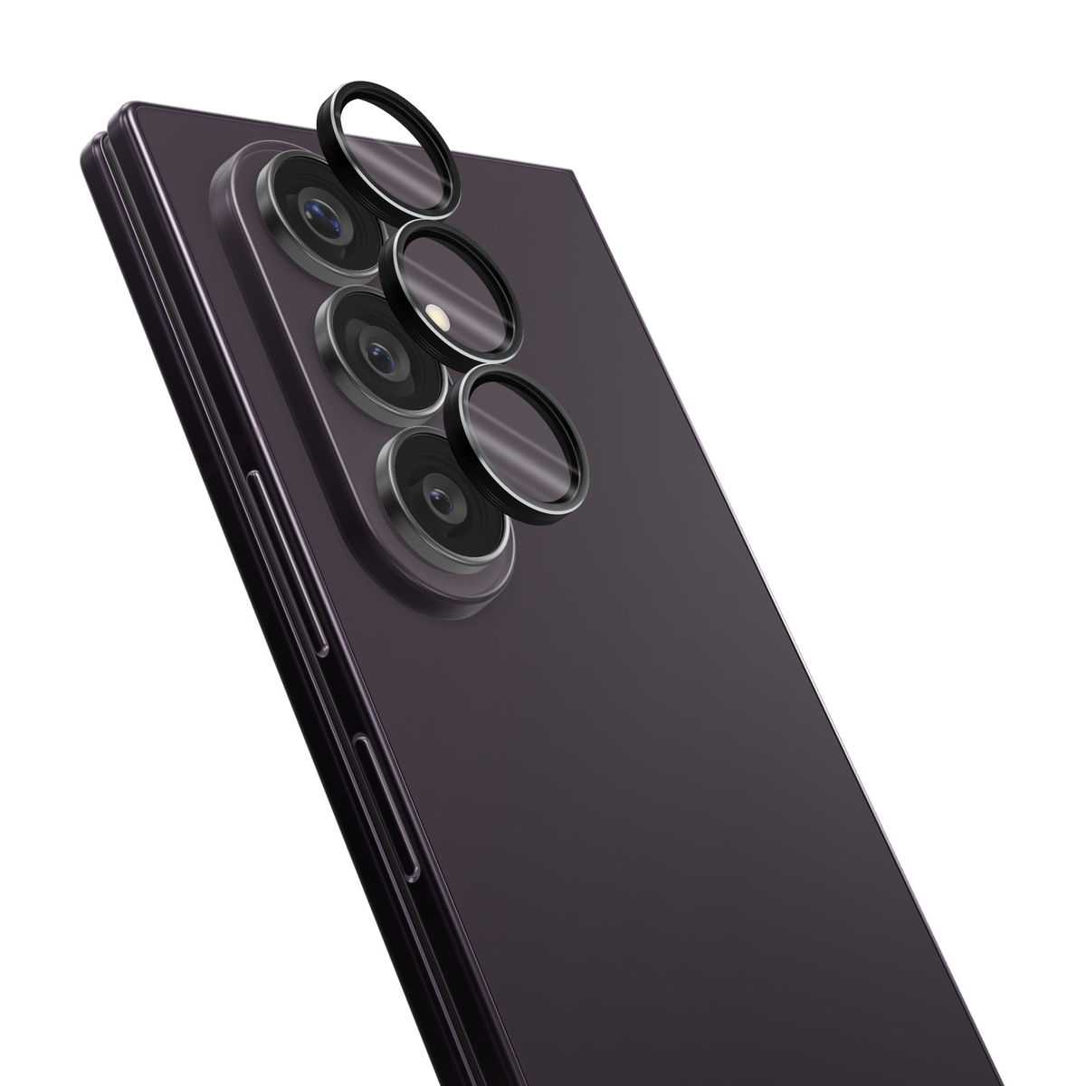 Black aviation aluminium tempered glass camera lens protector rings for Galaxy Z Fold 8 Ultra, shown floating above the Galaxy Z Fold8 Ultra camera lenses