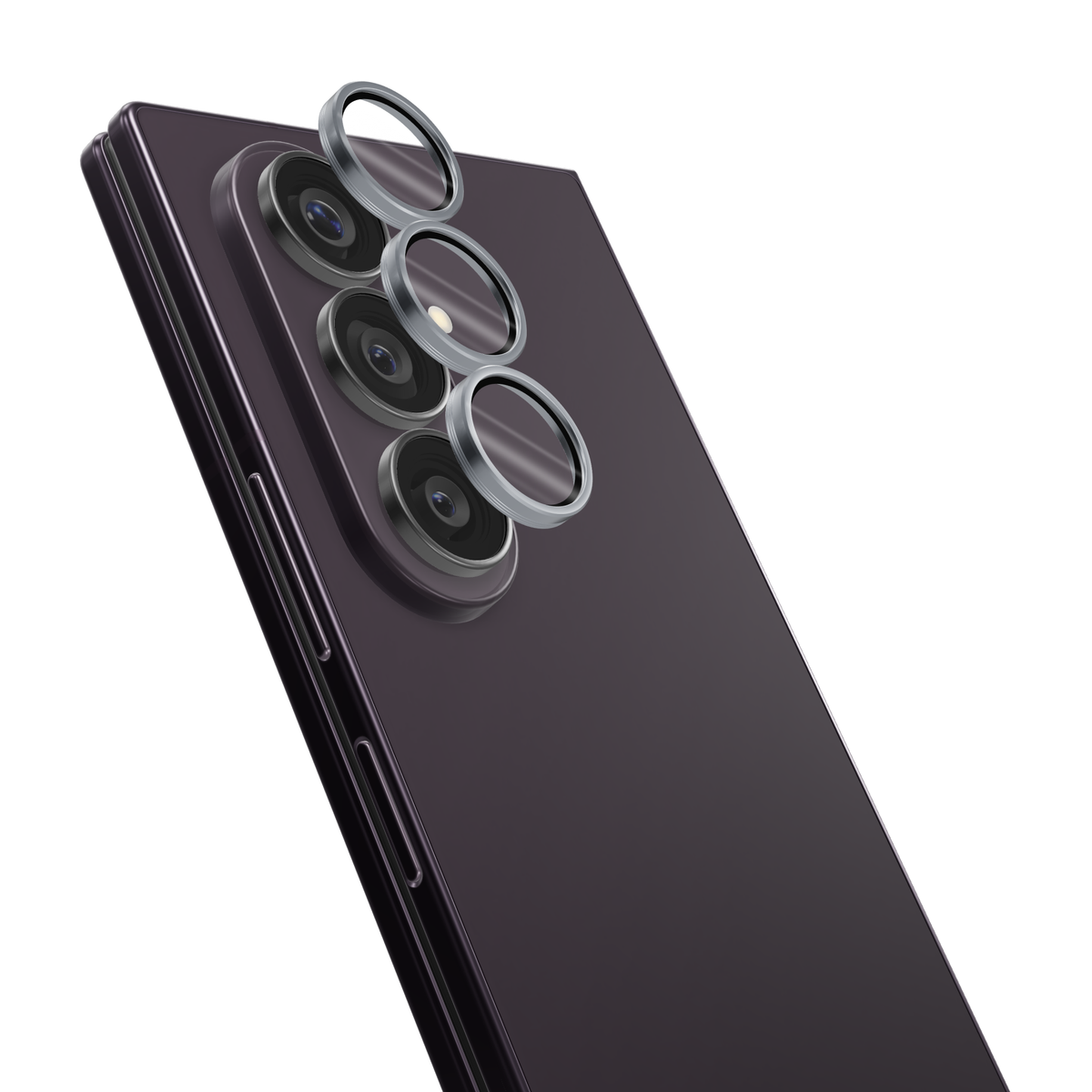 Silver aviation aluminium tempered glass camera lens protector rings for Galaxy Z Fold 8 Ultra, shown floating above the Galaxy Z Fold8 Ultra camera lenses