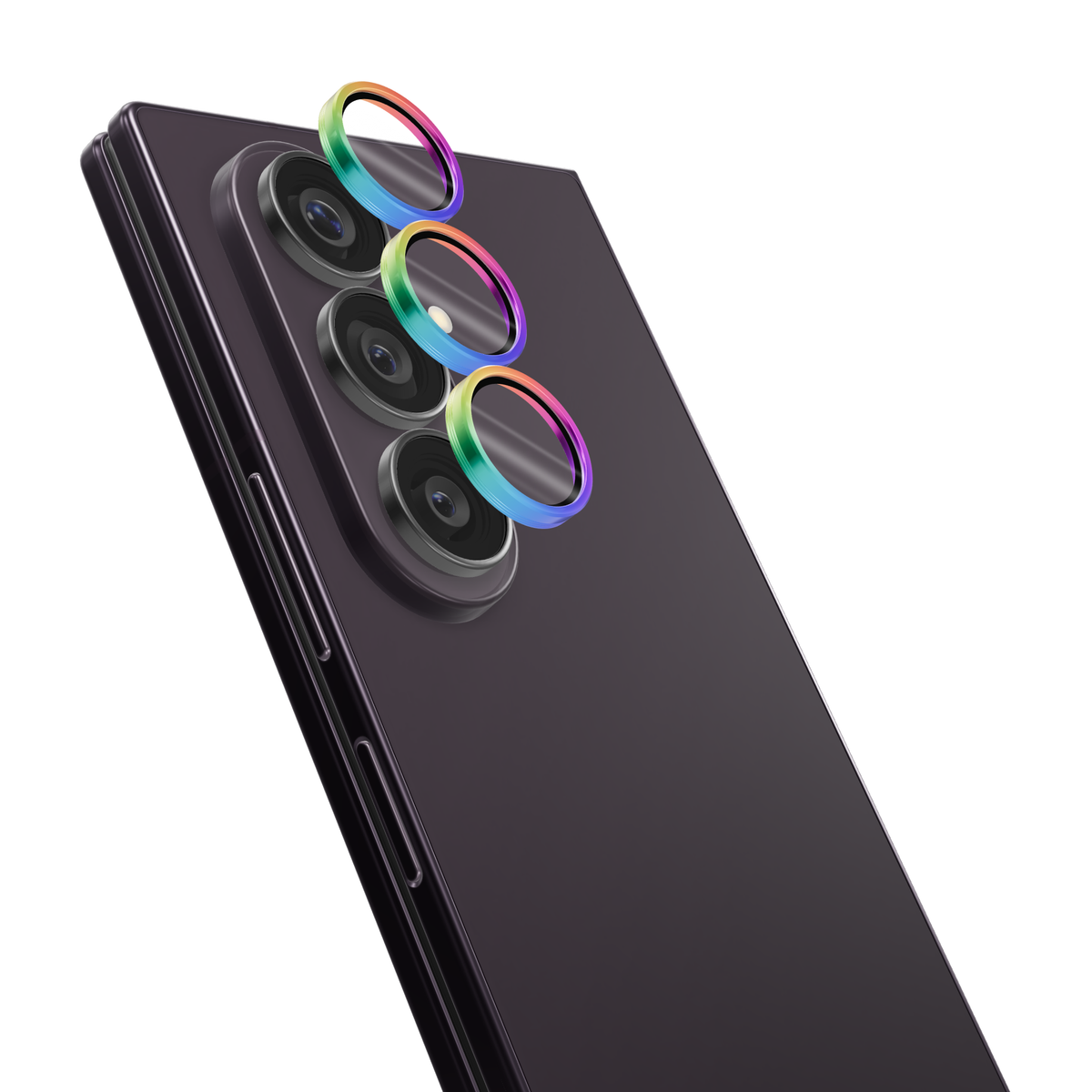 Colorful rainbow iridescent aviation aluminium tempered glass camera lens protector rings for Galaxy Z Fold 8 Ultra, shown floating above the Galaxy Z Fold8 Ultra camera lenses