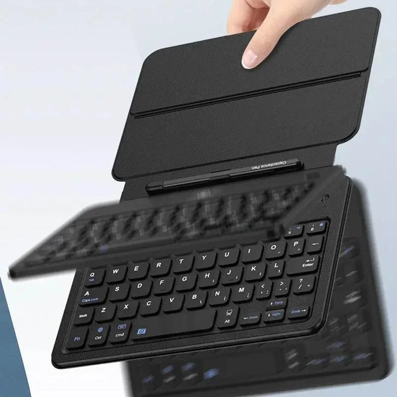 Black foldable Bluetooth keyboard with protective case and stylus pen in hand