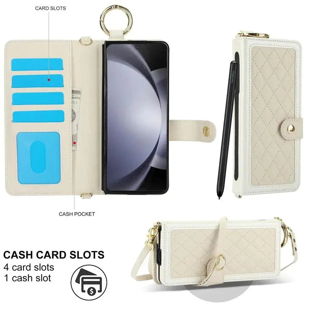 Beige FoldifyCase wallet phone case for Samsung Z Fold, with card slots, cash pocket, and pen holder.