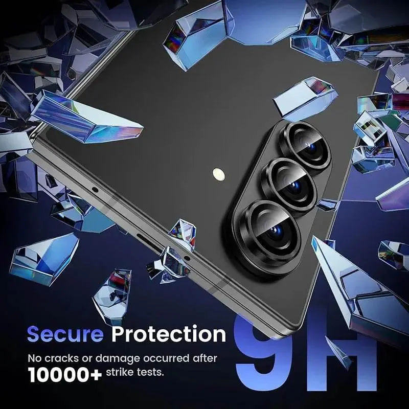 Black smartphone with triple camera protected by 9H tempered glass and surrounded by shattered glass fragments