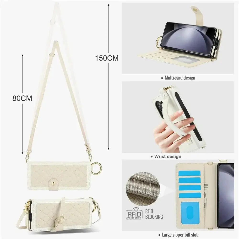 FoldifyCase cream foldable phone case with strap, multi-card slots, wrist strap, and RFID blocking.