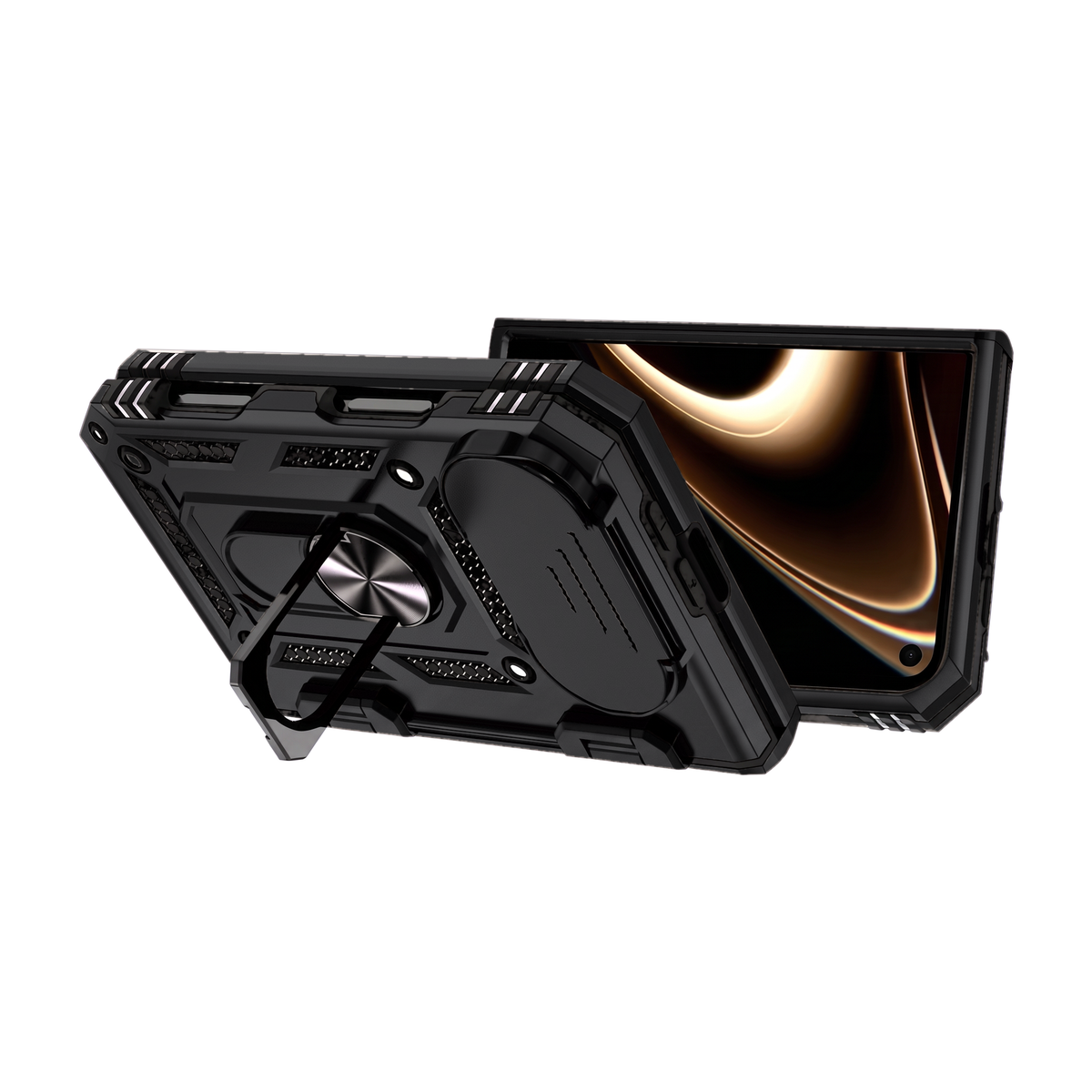 Sentinel H1 iPhone Duo rugged case in Black - split view of both halves with ring kickstand and full protection