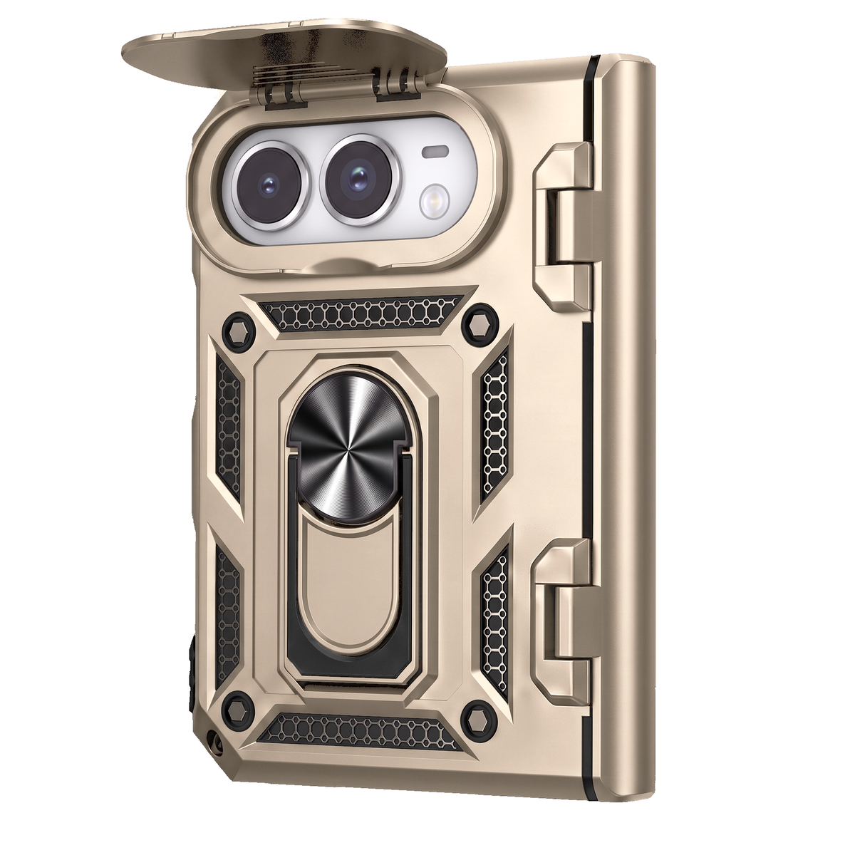 Sentinel H1 iPhone Duo rugged case in Gold - camera cover open