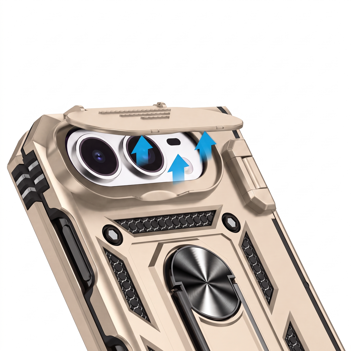 Sentinel H1 iPhone Duo rugged case in Gold - camera cover close-up