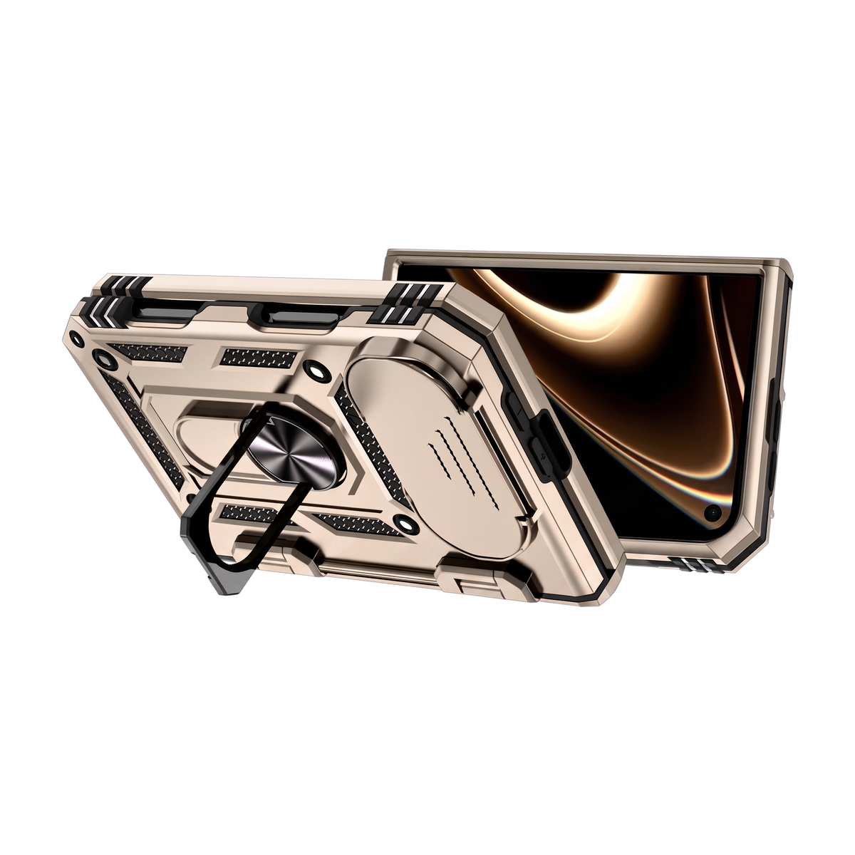 Sentinel H1 iPhone Duo rugged case in Gold - split view of both halves with ring kickstand and full protection