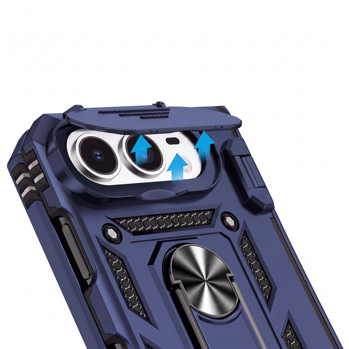 Sentinel H1 iPhone Duo rugged case in Navy Blue - camera cover close-up