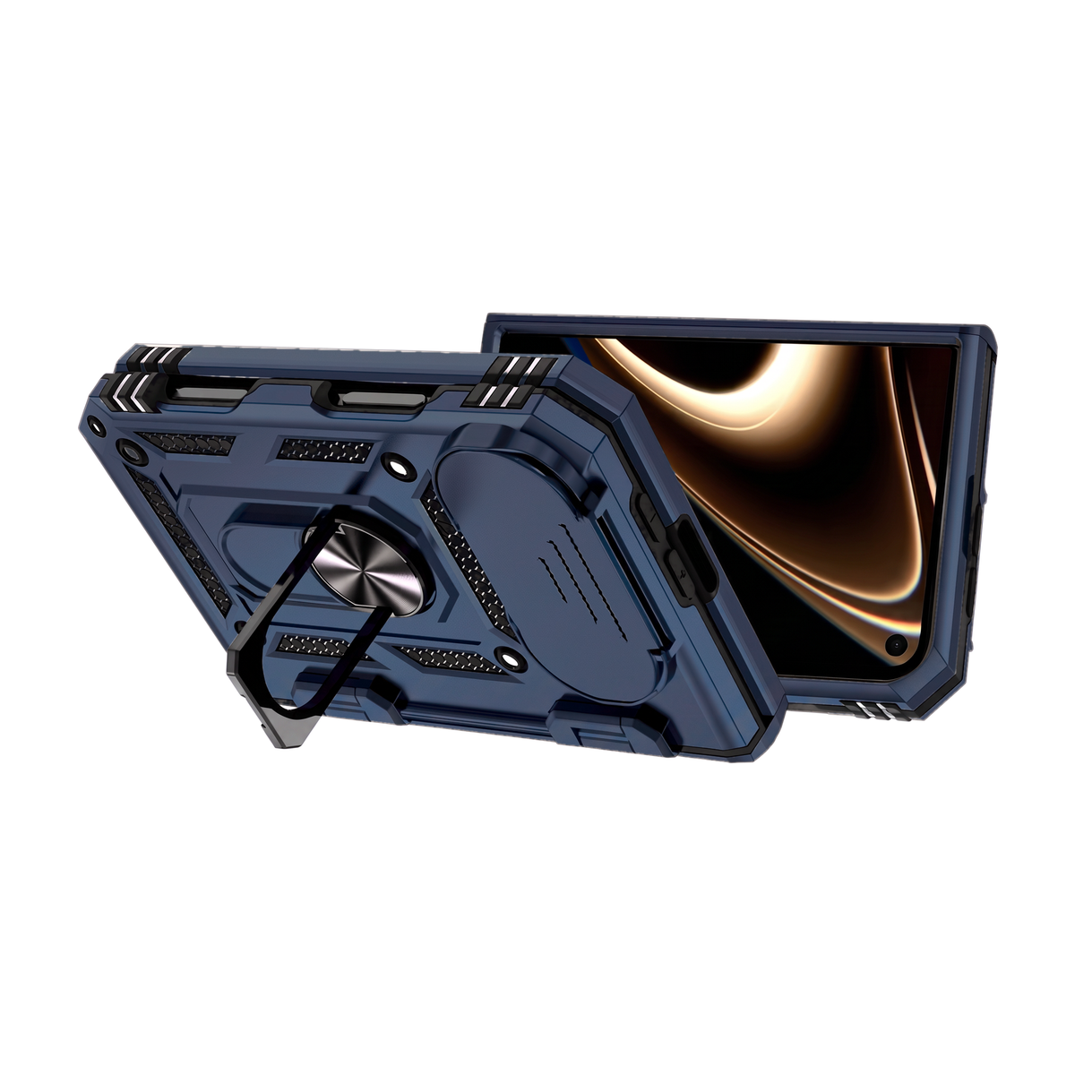 Sentinel H1 iPhone Duo rugged case in Navy Blue - split view of both halves with ring kickstand and full protection