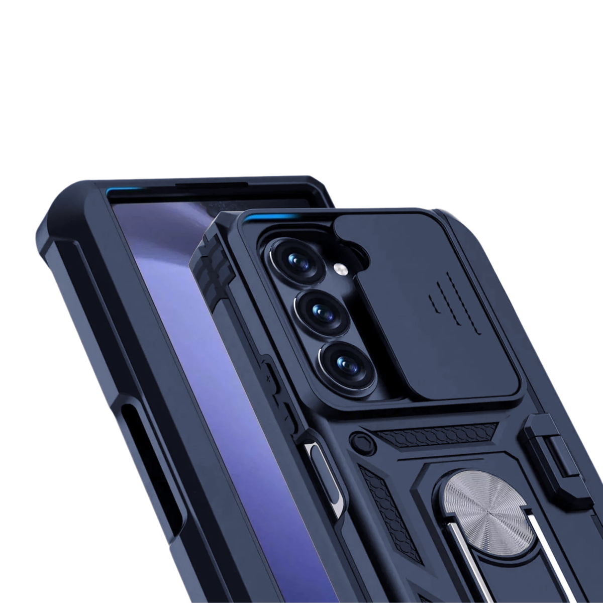 Sentinel H1 Galaxy Z Fold case in Navy Blue - close-up of camera cover and rotating ring
