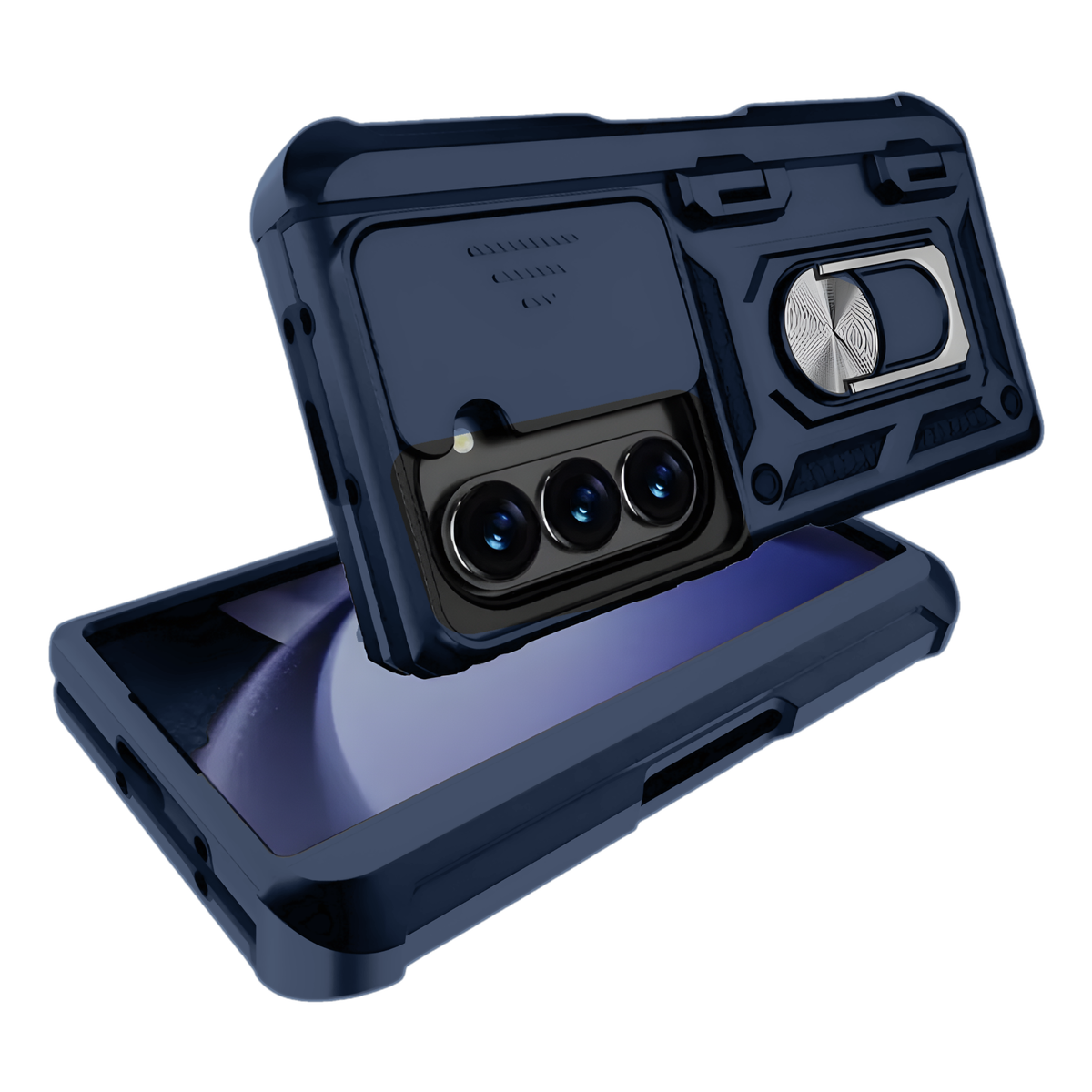 Foldify Sentinel H1 Navy Blue - split view showing case shell and phone