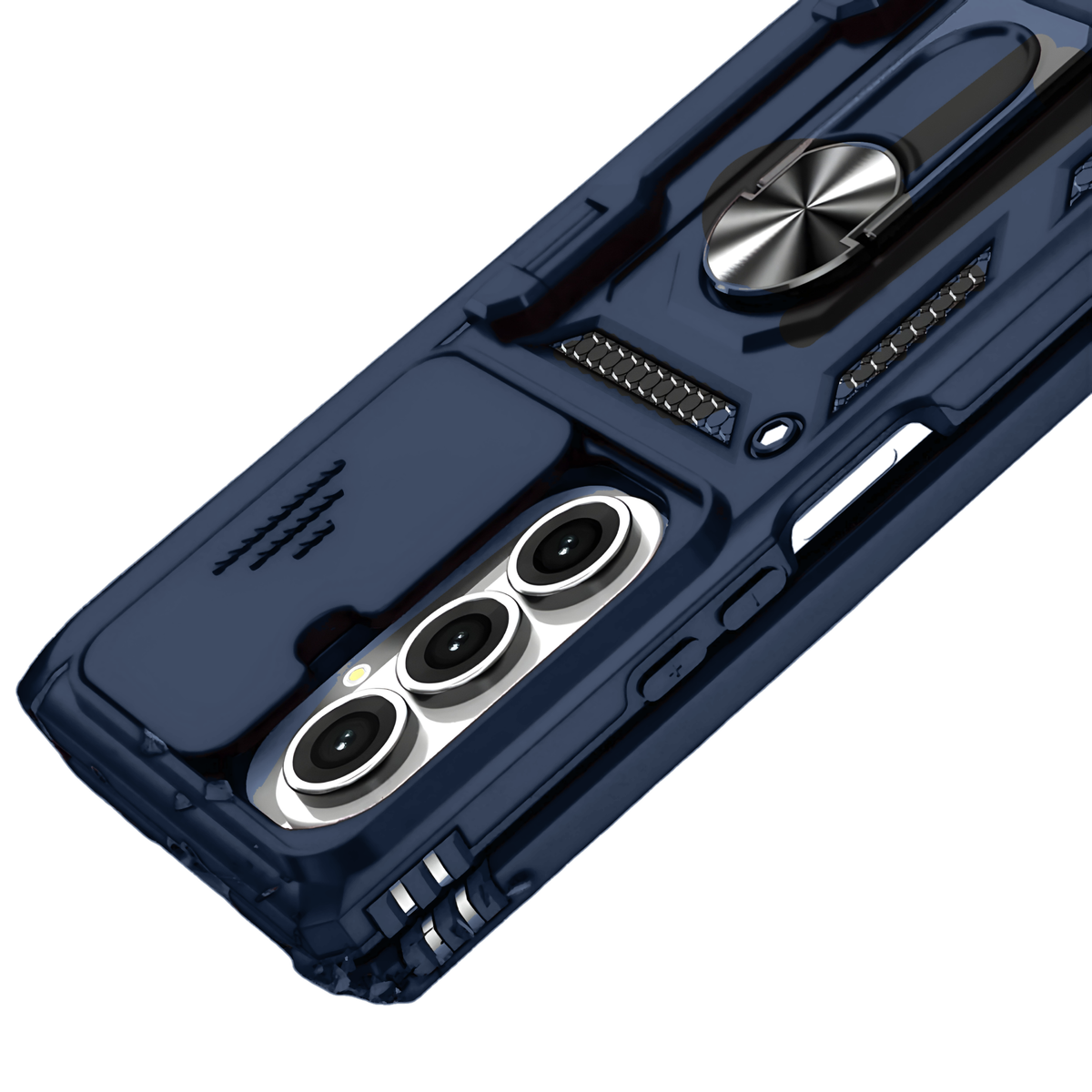 Sentinel H1 Galaxy Z Fold case in Navy Blue - back detail with camera cutout, ring and grip panels