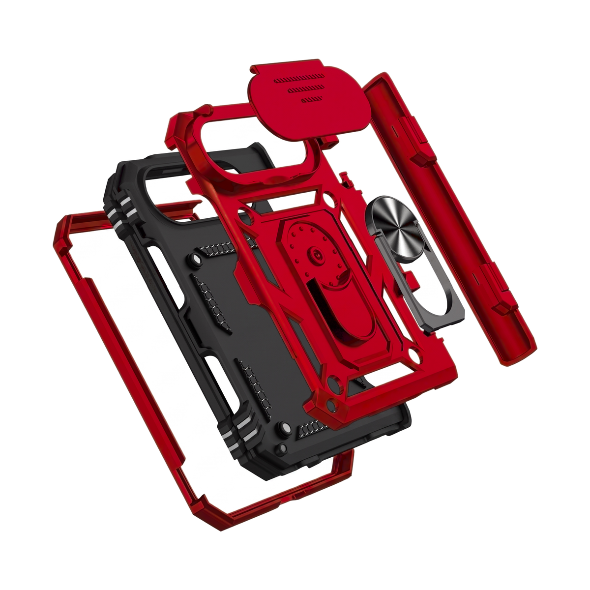 Sentinel H1 iPhone Duo rugged case in Red - exploded view of hard PC shell, soft TPU inner case and metal frame